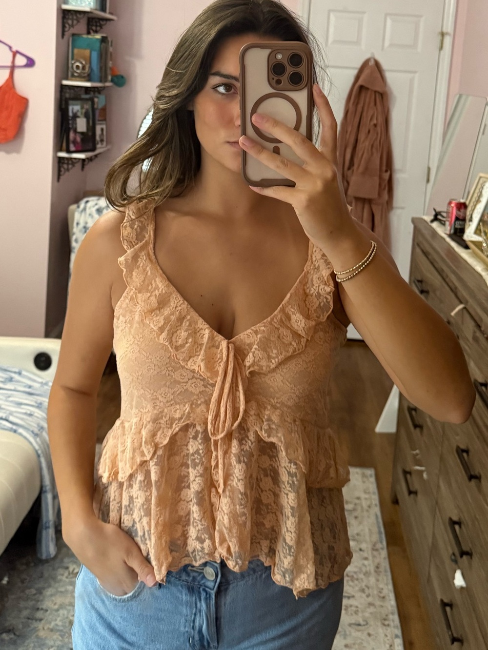 Ruffled Lace Tie-Front Camisole in Peach